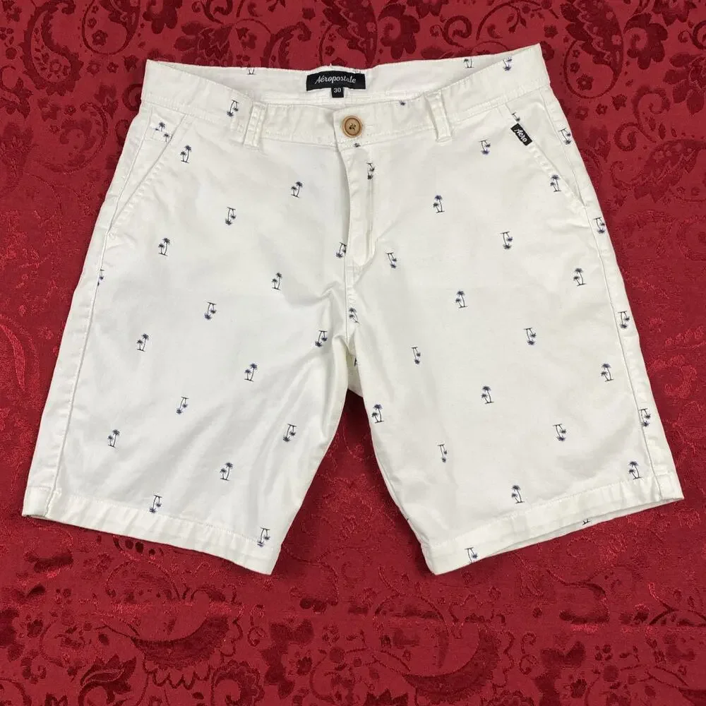 Aeropostale Flat Front Chino Shorts Mens 30 White AOP Palm Tree Tropical Hawaii‎